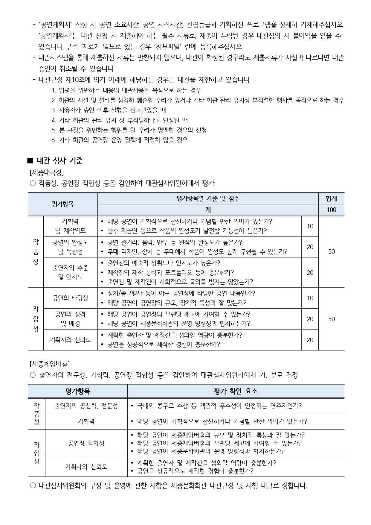 - '공연계획서' 작성 시 공연 소요시간, 공연 시작시간, 관람등급과 기획하신 프로그램을 상세히 기재해주십시오. '공연계획서'는 대관 신청 시 제출해야 하는 필수 서류로, 제출이 누락된 경우 대관심의 시 불이익을 얻을 수 있습니다. 관련 자료가 별도로 있는 경우 '첨부파일' 란에 등록해주십시오.
- 대관시스템을 통해 제출하신 서류는 반환되지 않으며, 대관이 확정된 경우라도 제출서류가 사실과 다르다면 대관 승인이 취소될 수 있습니다.
- 대관규정 제10조에 의거 아래에 해당하는 경우는 대관을 제한하고 있습니다.
1. 법령을 위반하는 내용의 대관사용을 목적으로 하는 경우
2. 회관의 시설 및 설비를 심각히 훼손할 우려가 있거나 기타 회관 관리 유지상 부적절한 행사를 목적으로 하는 경우
3. 사용자가 승인 이후 실형을 선고받았을 때
4. 기타 회관의 관리 유지 상 부적당하다고 인정된 때
5. 본 규정을 위반하는 행위를 할 우려가 명백한 경우의 신청
6. 기타 회관의 공연장 운영 정책에 적절치 않을 경우
■ 대관 심사 기준
[세종대극장]
○ 작품성, 공연장 적합성 등을 감안하여 대관심사위원회에서 평가
* 평가항목 / 평가항목별 기준 및 점수 / 합계(100)
* 작품성(50) + 적합성(50) = 합계(100)
- 작품성(기획력 및 제작의도) : 해당 공연이 기획적으로 참신하거나 기념할 만한 의미가 있는가? 향후 재공연 등으로 작품의 완성도가 발전할 가능성이 높은가? => 10
- 작품성(공연의 완성도 및 독창성) : 공연 줄거리, 음악, 안무 등 원작의 완성도가 높은가? 무대 디자인, 장치 등 무대에서 작품이 완성도 높게 구현될 수 있는가? => 20
- 작품성(출연자의 수준 및 인지도) : 출연진의 예술적 성취도나 인지도가 높은가? 제작진의 제작 능력과 포트폴리오 등이 충분한가? 출연진 및 제작진이 사회적으로 물의를 빚지는 않았는가? => 20
- 적합성(공연의 타당성) : 정치/종교행사 등이 아닌 공연장에 타당한 공연 내용인가? 해당 공연이 공연장의 규모, 장치적 특성과 잘 맞는가? => 10
- 적합성(공연의 성격 및 배경) : 해당 공연이 공연장의 브랜딩 제고에 기여할 수 있는가? 해당 공연이 세종문화회관의 운영 방향성과 합치하는가? => 20
- 적합성(기획사의 신뢰도) : 계획한 출연자 및 제작진을 섭외할 역량이 충분한가? 공연을 성공적으로 제작한 경험이 충분한가? => 20
[세종체임버홀]
○ 출연자의 전문성, 기획력, 공연장 적합성 등을 감안하여 대관심사위원회에서 가, 부로 결정
* 평가항목 / 평가 착안 요소
- 작품성(출연자의 공신력, 전문성) : 국내외 콩쿠르 수상 등 객관적 우수성이 인정되는 연주자인가?
- 작품성(기획력) : 해당 공연이 기획적으로 참신하거나 기념할 만한 의미가 있는가?
- 적합성(공연장 적합성) : 해당 공연이 세종체임버홀의 규모 및 장치적 특성과 잘 맞는가? 해당 공연이 세종체임버홀의 브랜딩 제고에 기여할 수 있는가? 해당 공연이 세종문화회관의 운영 방향성과 합치하는가?
- 적합성(기획사의 신뢰도) : 계획한 출연자 및 제작진을 섭외할 역량이 충분한가? 공연을 성공적으로 제작한 경험이 충분한가?
○ 대관심사위원회의 구성 및 운영에 관한 사항은 세종문화회관 대관규정 및 시행 내규로 정합니다.