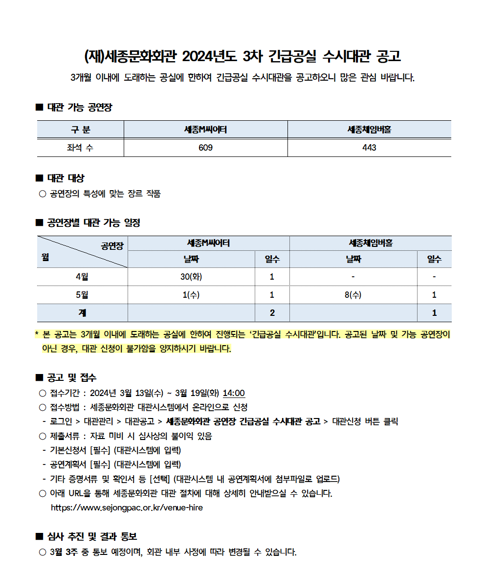 (재)세종문화회관 2024년도 3차 긴급공실 수시대관 공고
3개월 이내에 도래하는 공실에 한하여 긴급공실 수시대관을 공고하오니 많은 관심 바랍니다.
■ 대관 가능 공연장
- 세종M씨어터(좌석 수) : 609
- 세종체임버홀(좌석 수) : 443
■ 대관 대상
○ 공연장의 특성에 맞는 장르 작품
■ 공연장별 대관 가능 일정
- 세종M씨어터 : 4월 30일(화) 1일, 5월 1일(수) 1일 => 합계 2일
- 세종체임버홀 : 5월 8일(수) 1일 => 합계 1일
* 본 공고는 3개월 이내에 도래하는 공실에 한하여 진행되는 '긴급공실 수시대관'입니다. 공고된 날짜 및 가능 공연장이 아닌 경우, 대관 신청이 불가함을 양지하시기 바랍니다.
■ 공고 및 접수
○ 접수기간: 2024년 3월 13일(수) ~ 3월 19일(화) 14:00
○ 접수방법 : 세종문화회관 대관시스템에서 온라인으로 신청
- 로그인 > 대관관리 > 대관공고 > 세종문화회관 공연장 긴급공실 수시대관 공고 > 대관신청 버튼 클릭
○ 제출서류: 자료 미비 시 심사상의 불이익 있음
- 기본신청서 [필수] (대관시스템에 입력)
- 공연계획서 [필수] (대관시스템에 입력)
- 기타 증명서류 및 확인서 등 [선택] (대관시스템 내 공연계획서에 첨부파일로 업로드)
○ 아래 URL을 통해 세종문화회관 대관 절차에 대해 상세히 안내받으실 수 있습니다. https://www.sejongpac.or.kr/venue-hire
■ 심사 추진 및 결과 통보
○ 3월 3주 중 통보 예정이며, 회관 내부 사정에 따라 변경될 수 있습니다.