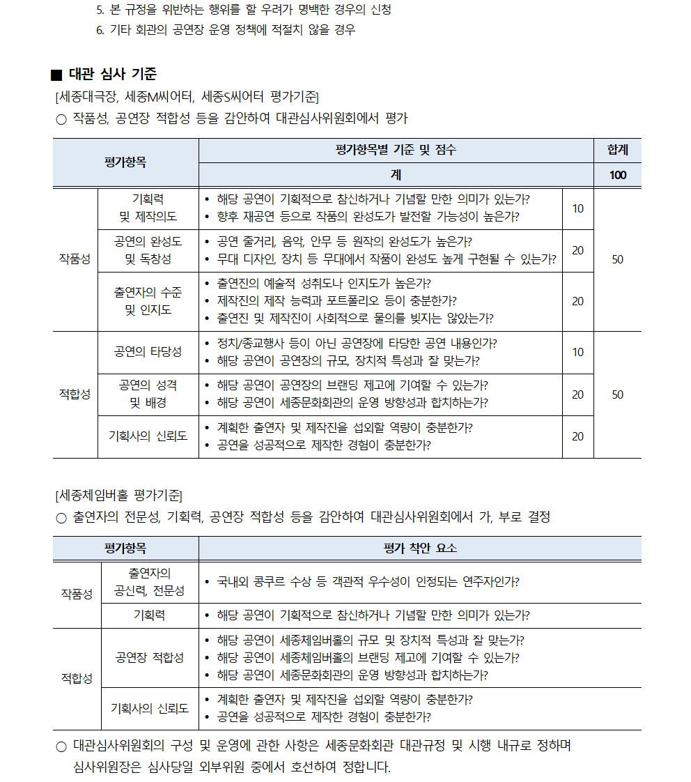 5. 본 규정을 위반하는 행위를 할 우려가 명백한 경우의 신청
6. 기타 회관의 공연장 운영 정책에 적절치 않을 경우
■ 대관 심사 기준
[세종대극장, 세종M씨어터, 세종s씨어터 평가기준]
○ 작품성, 공연장 적합성 등을 감안하여 대관심사위원회에서 평가
* 평가항목 / 평가항목별 기준 및 점수 / 합계(100)
* 작품성(총 합계 50) + 적합성(총 합계 50) = 100
- 작품성(기획력 및 제작의도) : 해당 공연이 기획적으로 참신하거나 기념할 만한 의미가 있는가? 향후 재공연 등으로 작품의 완성도가 발전할 가능성이 높은가? => 10
- 작품성(공연의 완성도 및 독창성) : 공연 줄거리, 음악, 안무 등 원작의 완성도가 높은가? 무대 디자인, 장치 등 무대에서 작품이 완성도 높게 구현될 수 있는가? => 20
- 작품성(출연자의 수준 및 인지도) : 출연진의 예술적 성취도나 인지도가 높은가? 제작진의 제작 능력과 포트폴리오 등이 충분한가? 출연진 및 제작진이 사회적으로 물의를 빚지는 않았는가? => 20
- 적합성(공연의 타당성) : 정치/종교행사 등이 아닌 공연장에 타당한 공연 내용인가? 해당 공연이 공연장의 규모, 장치적 특성과 잘 맞는가? => 10
- 적합성(공연의 성격 및 배경) : 해당 공연이 공연장의 브랜딩 제고에 기여할 수 있는가? 해당 공연이 세종문화회관의 운영 방향성과 합치하는가? => 20
- 적합성(기획사의 신뢰도) : 계획한 출연자 및 제작진을 섭외할 역량이 충분한가? 공연을 성공적으로 제작한 경험이 충분한가? => 20
[세종체임버홀 평가기준]
○ 출연자의 전문성, 기획력, 공연장 적합성 등을 감안하여 대관심사위원회에서 가, 부로 결정
* 평가항목 / 평가 착안 요소
- 작품성(출연자의 공신력, 전문성) : 국내외 콩쿠르 수상 등 객관적 우수성이 인정되는 연주자인가?
- 작품성(기획력) : 해당 공연이 기획적으로 참신하거나 기념할 만한 의미가 있는가?
- 적합성(공연장 적합성) : 해당 공연이 세종체임버홀의 규모 및 장치적 특성과 잘 맞는가? 해당 공연이 세종체임버홀의 브랜딩 제고에 기여할 수 있는가? 해당 공연이 세종문화회관의 운영 방향성과 합치하는가?
- 적합성(기획사의 신뢰도) : 계획한 출연자 및 제작진을 섭외할 역량이 충분한가? 공연을 성공적으로 제작한 경험이 충분한가?
○ 대관심사위원회의 구성 및 운영에 관한 사항은 세종문화회관 대관규정 및 시행 내규로 정하며 심사위원장은 심사당일 외부위원 중에서 호선하여 정합니다.