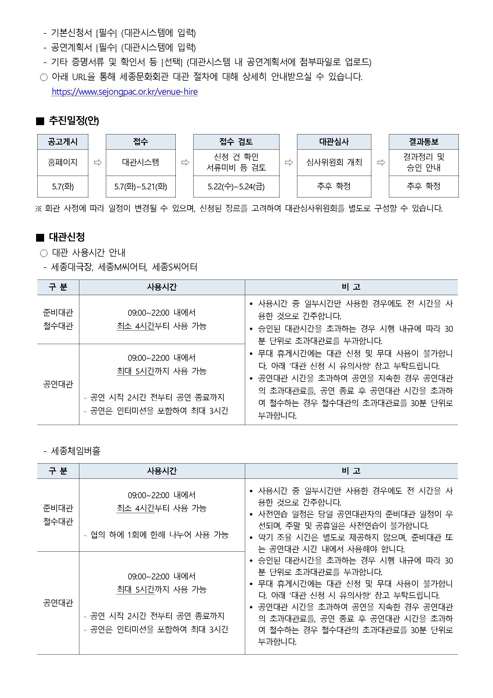 - 기본신청서 [필수] (대관시스템에 입력)
- 공연계획서 [필수] (대관시스템에 입력)
- 기타 증명서류 및 확인서 등 [선택] (대관시스템 내 공연계획서에 첨부파일로 업로드)
○ 아래 URL을 통해 세종문화회관 대관 절차에 대해 상세히 안내받으실 수 있습니다. https://www.sejongpac.or.kr/venue-hire
■ 추진일정(안)
① 공고게시(홈페이지, 5.7(화)) → ② 접수(대관시스템, 5.7(화)~5.21(화)) → ③ 접수 검토(신성 건 확인 서류미비 등 검토, 5.22(수)~5.24(금)) → ④ 대관심사(심사위원회 개최, 추후 확정) → ⑤ 결과통보(결과정리 및 승인 안내, 추후 확정)
※ 회관 사정에 따라 일정이 변경될 수 있으며, 신성된 장르를 고려하여 대관심사위원회를 별도로 구성할 수 있습니다.
■ 대관신청
○ 대관 사용시간 안내
[세종대극장, 세종M씨어터, 세종S씨어터]
- 준비대관/철수대관 : 사용시간(09:00~22:00 내에서 최소 4시간누티 사용 가능)
- 공연대관 : 사용시간(09:00~22:00 내에서 최대 5시간까지 사용 가능, 공연 시작 2시간 전부터 공언 종료까지 공연은 인티미선을 포함하여 최대 3시간)
* 비고
• 사용시간 중 일수시긴난 사용한 경우에도 전 시간을 사 용힌 것으로 간주합니다.
• 승인된 대관시간을 초과하는 경우 시행 내규에 따라 30 분 단위로 초가대관료를 누가합니다.
• 무대 휴게시간에는 대관 신성 및 무대 사용이 불가합니다. 아래 '대관 신성 시 유익사암 삼고 부탁드립니다.
• 공연대관 시간을 초과하여 공연을 지속힌 경우 공연대관의 초과대관료, 공연 종료 후 공연대관 시간을 초과하 여 철수하는 경우 철수대관이 초과대관료를 30분 단위로 부과합니다.
[세종체임버홀]
- 준비대관/철수대관 : 사용시간(09:00~22:00 내에서 최소 4시간부터 사용 가능, 협의 하에 1회에 한해 나누어 사용 가능)
- 공연대관 : 사용시간(09:00~22:00 내에서 최대 5시간까지 사용 가능, 공연 시작 2시간 전부터 공연 종료까지 공연은 인터미션을 포함하여 최대 3시간)
* 비고
• 사용시간 중 일부시간만 사용한 경우에도 전 시간을 사 용한 것으로 간주합니다.
• 사전연습 일정은 당일 공연대관자의 준비대관 일정이 우 선되며, 주말 및 공휴일은 사전연습이 불가합니다.
• 악기 조율 시간은 별도로 제공하지 않으며, 준비대관 또 는 공연대관 시간 내에서 사용해야 합니다.
• 승인된 대관시간을 초과하는 경우 시행 내규에 따라 30 분단위로 초과대관료를 부과합니다.
• 무대 휴게시간에는 대관 신청 및 무대 사용이 불가합니 다. 아래 '대관 신청 시 유의사항 참고 부탁드립니다.
• 공연대관 시간을 초과하여 공연을 지속한 경우 공연대관 의 초과대관료들, 공연 종료 후 공연대관 시간을 초과하 여 철수하는 경우 철수대관의 초과대관료를 30분 단위로 부과합니다.