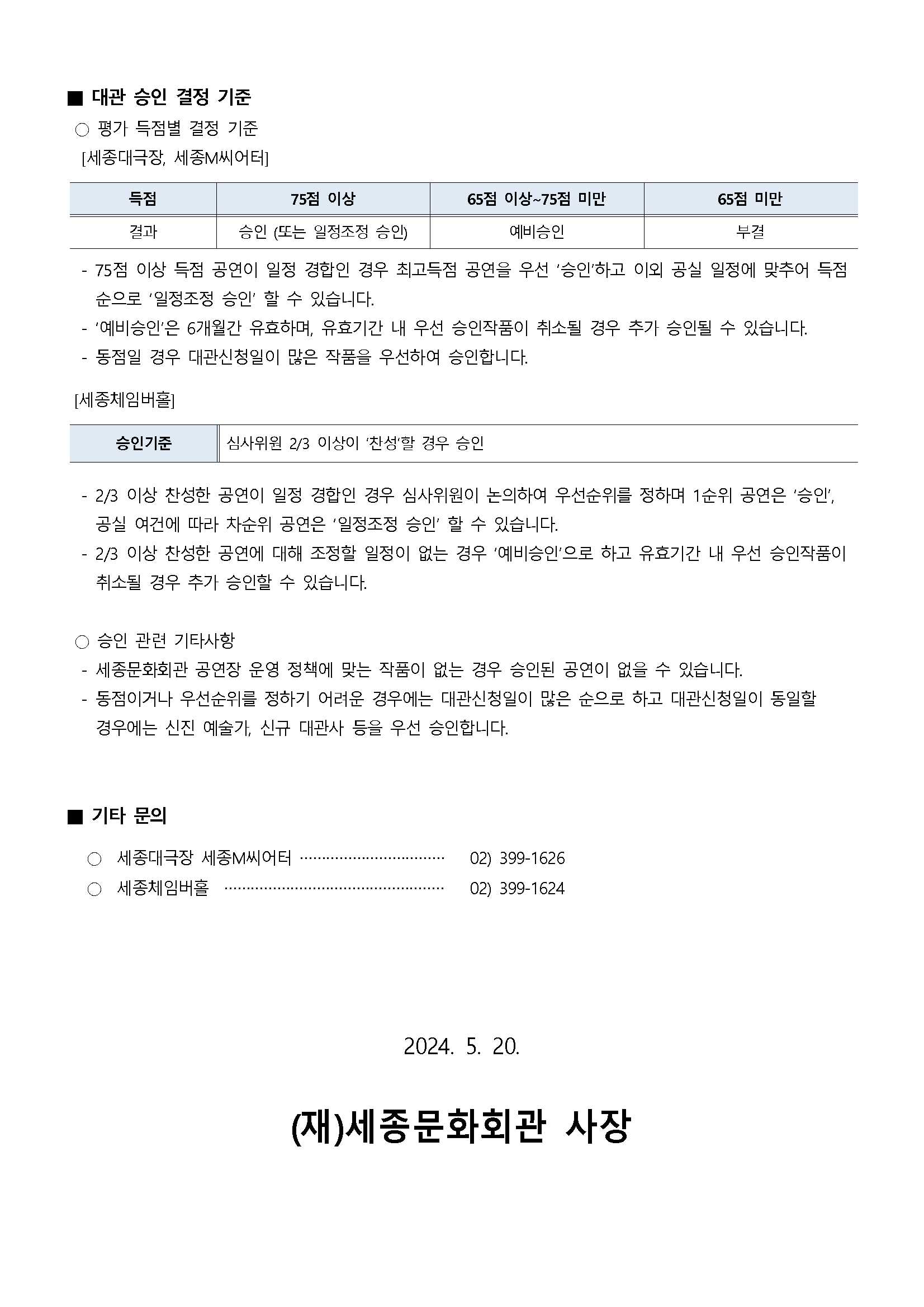 ■ 대관 승인 결정 기준
○ 평가 득점별 결정 기준
[세종대극장, 세종M씨어터]
(득점)75점 이상 => (결과)승인 (또는 일정조정 승인)
(득점)65점 이상~75점 미만 => (결과)예비승인
(득점)65점 미만 => (결과)부결
- 75점 이상 득점 공연이 일정 경합인 경우 최고득점 공연을 우선 '승인'하고 이외 공실 일정에 맞추어 득점 순으로 '일정조정 승인' 할 수 있습니다.
- '예비승인'은 6개월간 유효하며, 유효기간 내 우선 승인작품이 취소될 경우 추가 승인될 수 있습니다.
- 동점일 경우 대관신청일이 많은 작품을 우선하여 승인합니다.
[세종체임버홀]
- 승인기준 : 심사위원 2/3 이상이 '찬성'한 경우 승인
- 2/3 이상 찬성한 공언이 일정 경합인 경우 심사위원이 논의하여 우선순위를 정하며 1순위 공언은 '승인', 공실 여건에 따라 차순위 공언은 '일정조정 승인' 할 수 있습니다.
- 2/3 이상 찬성한 공언에 대해 조정할 일정이 없는 경우 '예비승인'으로 하고 유효기간 내 우선 승인작품이 취소될 경우 추기 승인할 수 있습니다.
○ 승인 관련 기타사항
- 세종문화회관 공연장 운영 정책에 맞는 작품이 없는 경우 승인된 공언이 없을 수 있습니다.
- 동점이거나 우선순위를 정하기 어려운 경우에는 대관신청일이 많은 순으로 하고 대관신청일이 동일할 경우에는 신진 예술기, 신규 대관사 등을 우선 승인합니다.
■ 기타 문의
세종대극장 세종M씨어터 : 02)399-1626
세종체임버홀 : 02)399-1624
2024. 5. 20. (재)세종문화회관 사장